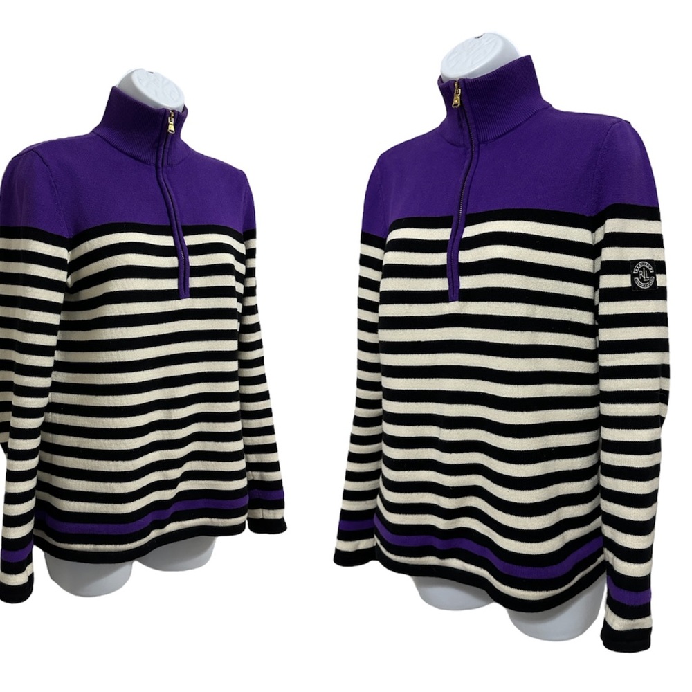 Lauren Ralph Lauren Polo Style Striped Pullover Quarter Zip Striped Knit Sweater